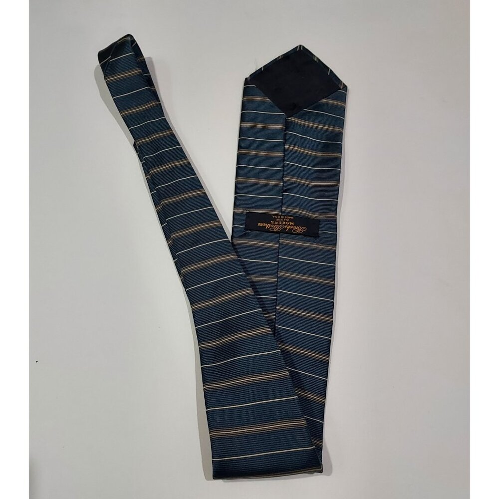 Brooks Brothers Makers Tie Navy Gold Striped 100% Silk Made in USA Preppy Retro